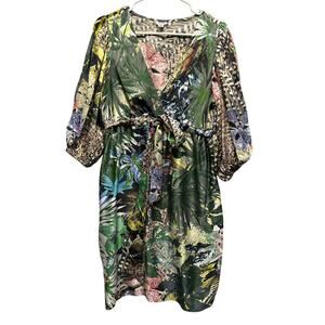 Vintage Cache 100% Silk Tropical Jungle Print Dress 12 – Boho Festival Y2K